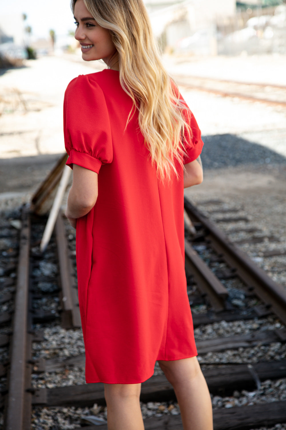 Red Crepe V Neck Capped Short Sleeve Pocketed Dress