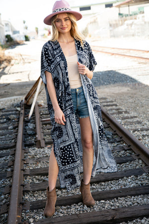 Navy Paisley Boho Rayon Challis Maxi Cardigan