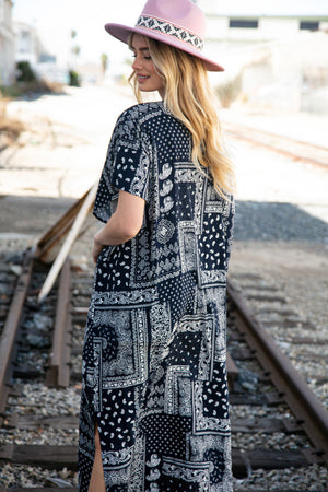 Navy Paisley Boho Rayon Challis Maxi Cardigan