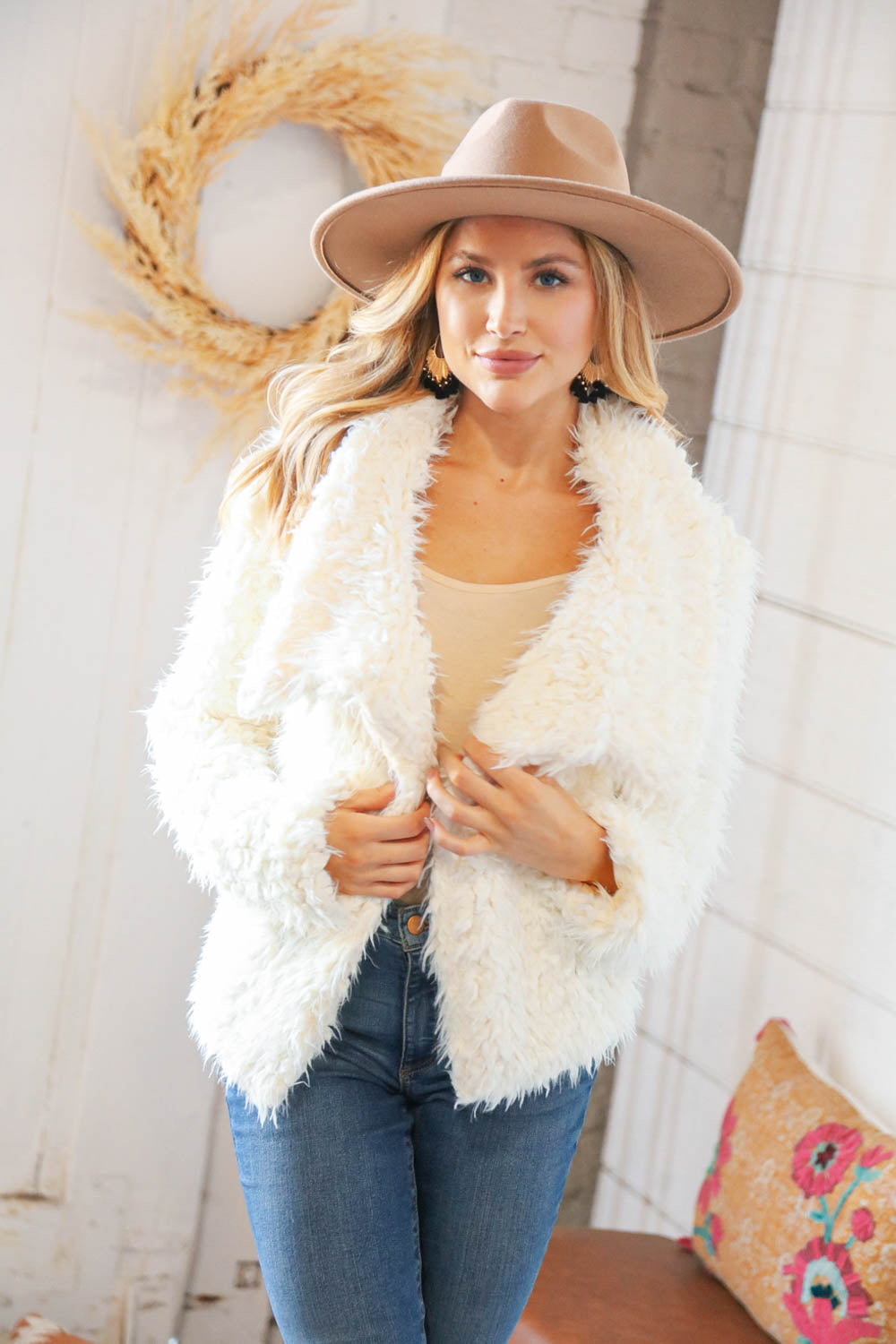 Cream Faux Fur Cropped Jacket