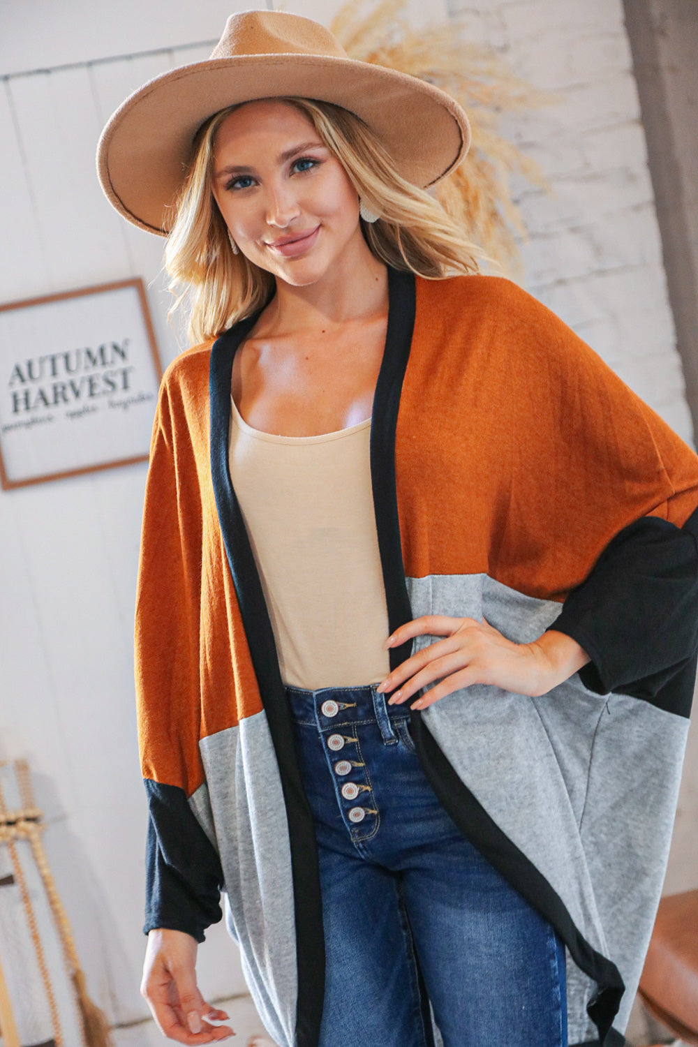 Hacci Color Block Dolman Sleeve Open Cardigan