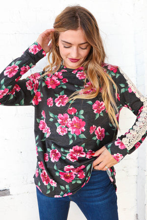 Floral Print Crochet Lace Knit Hooded Top