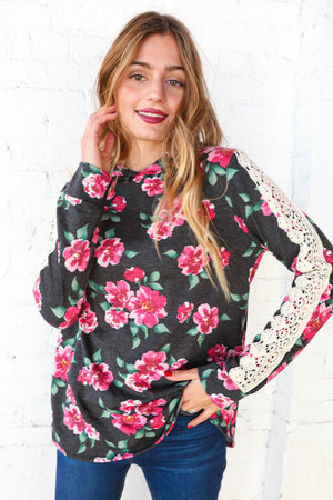 Floral Print Crochet Lace Knit Hooded Top