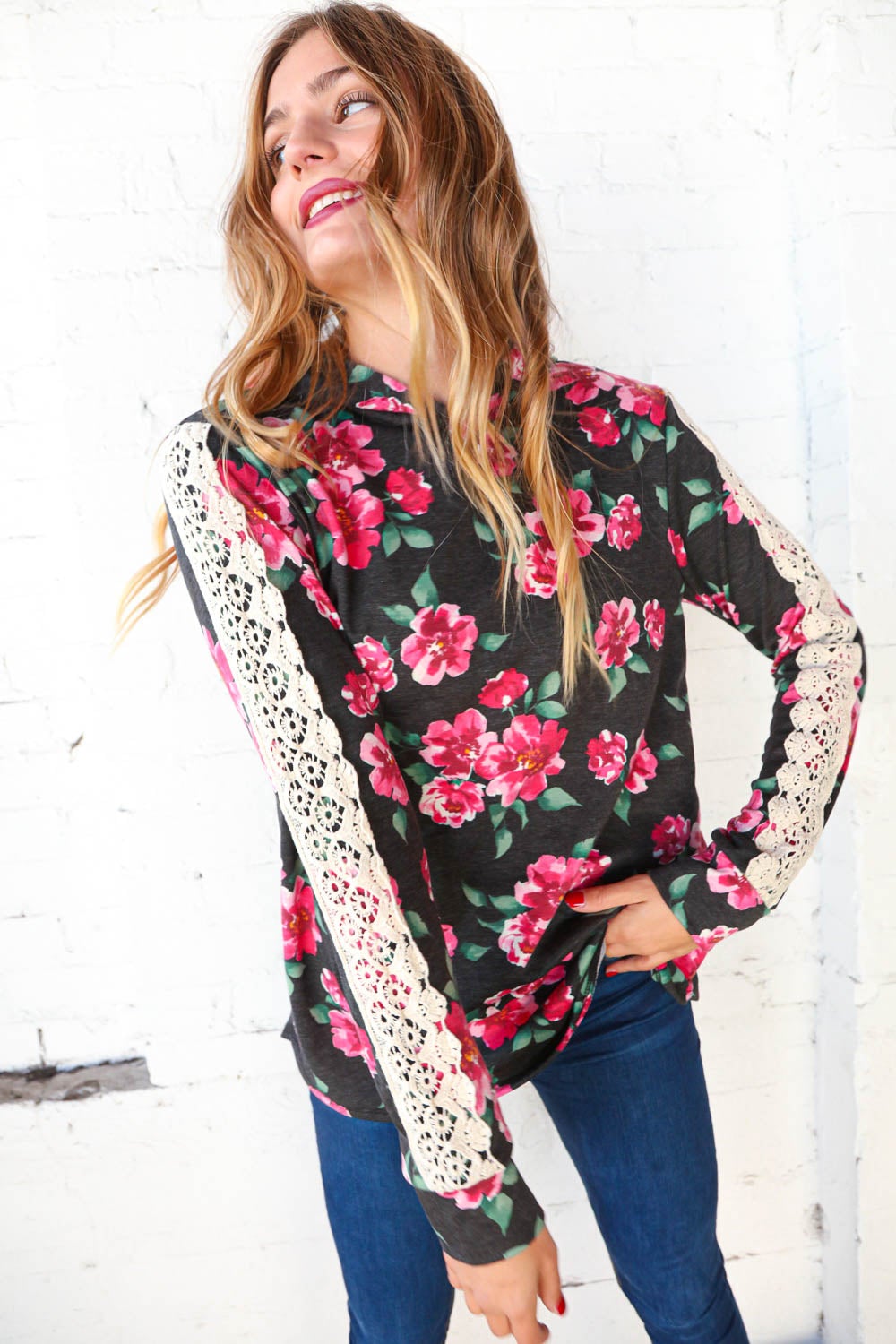 Floral Print Crochet Lace Knit Hooded Top