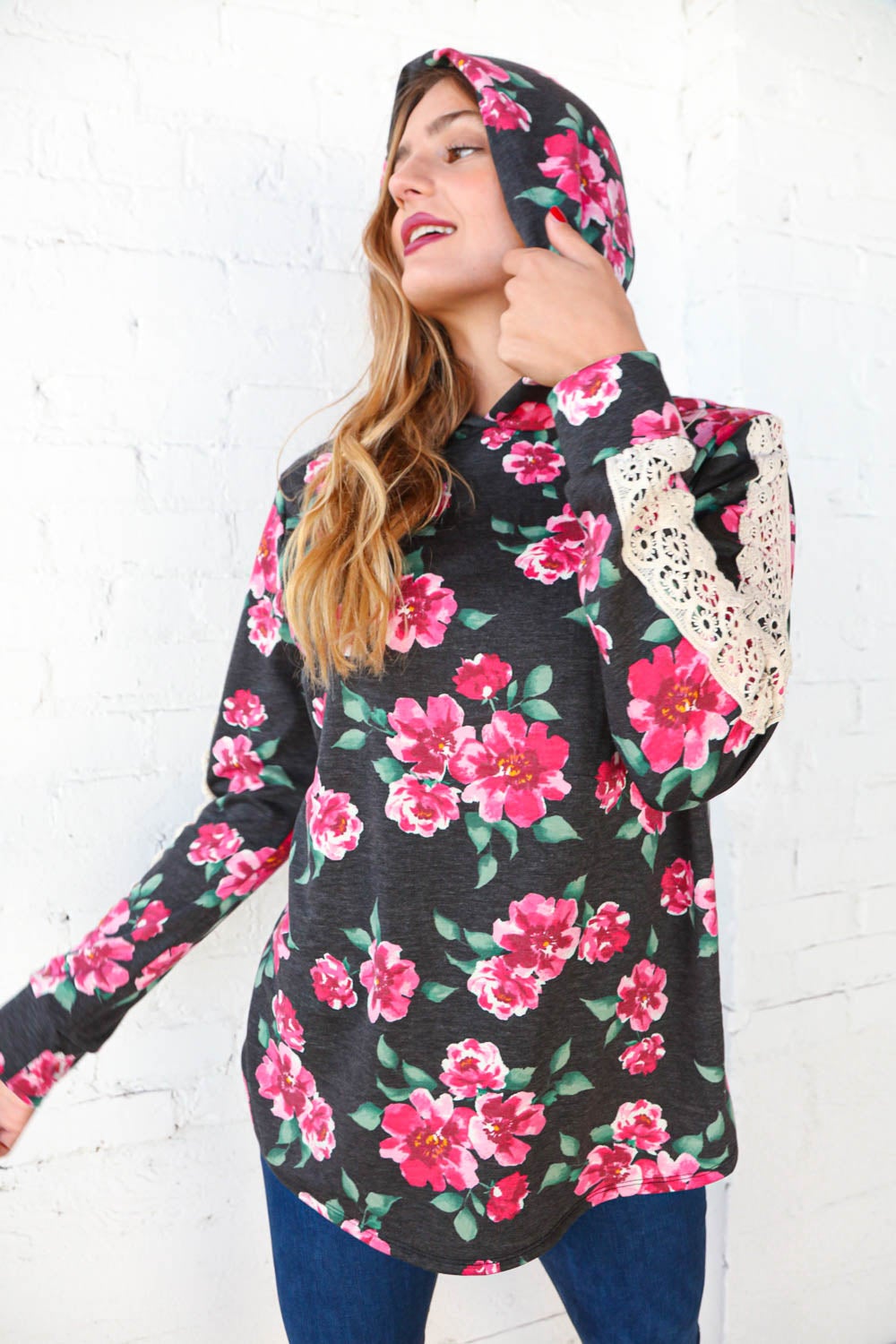 Floral Print Crochet Lace Knit Hooded Top