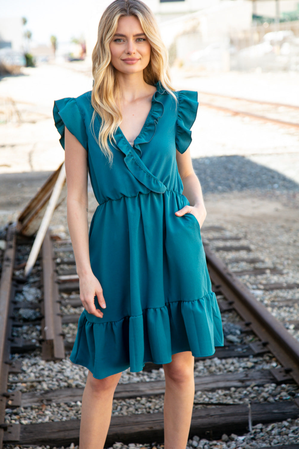 Dark Teal Surplice Sleeveless Crepe Ruffle Pocketed Dress