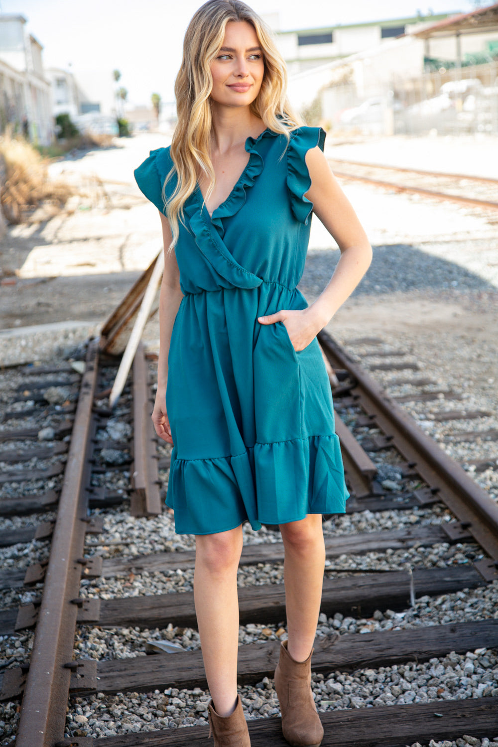 Dark Teal Surplice Sleeveless Crepe Ruffle Pocketed Dress