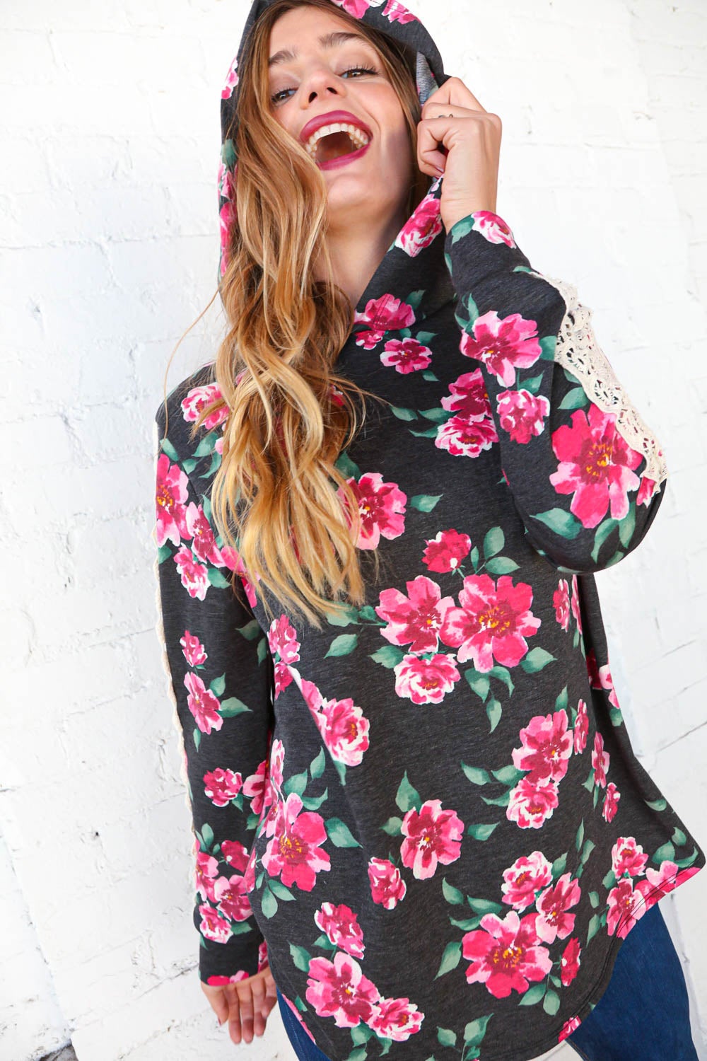 Floral Print Crochet Lace Knit Hooded Top