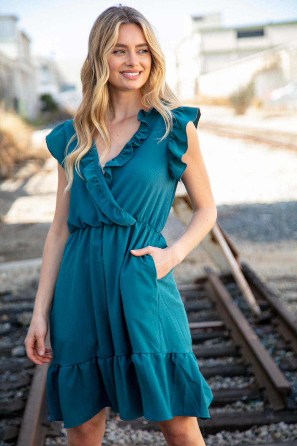 Dark Teal Surplice Sleeveless Crepe Ruffle Pocketed Dress