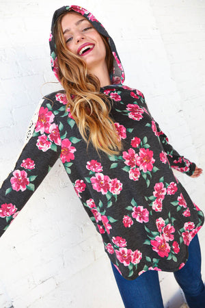 Floral Print Crochet Lace Knit Hooded Top