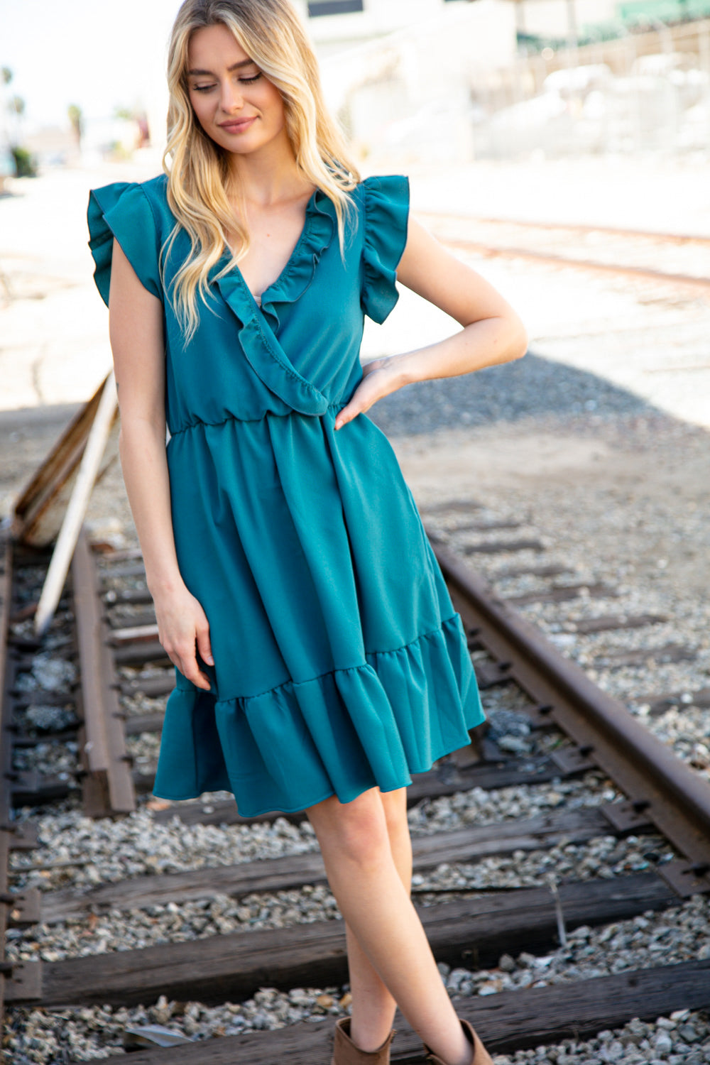 Dark Teal Surplice Sleeveless Crepe Ruffle Pocketed Dress