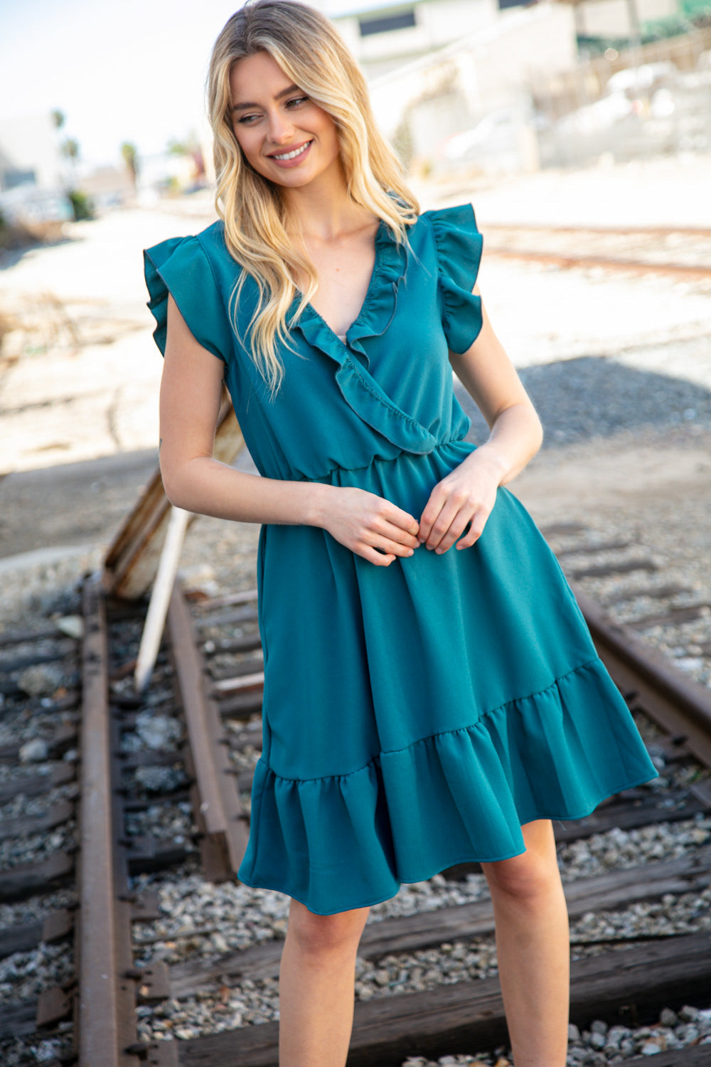 Dark Teal Surplice Sleeveless Crepe Ruffle Pocketed Dress