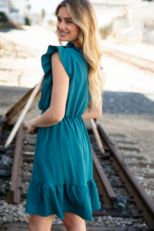 Dark Teal Surplice Sleeveless Crepe Ruffle Pocketed Dress