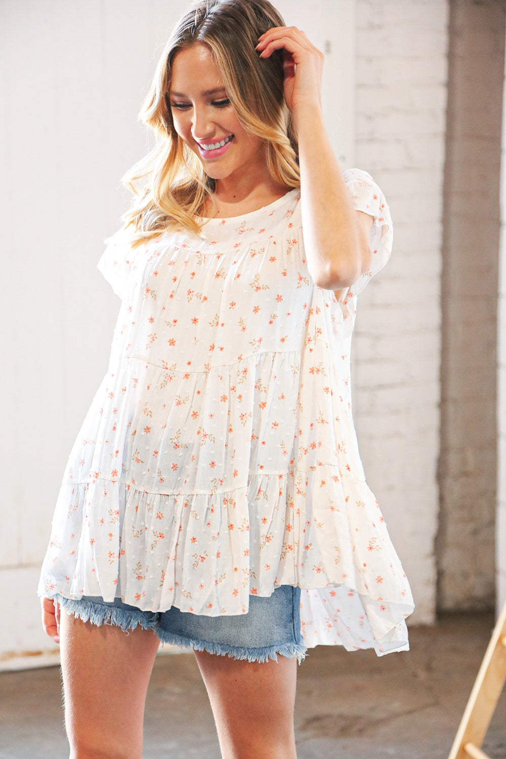 Cream Floral Swiss Dot Tiered Keyhole Flutter Sleeve Top