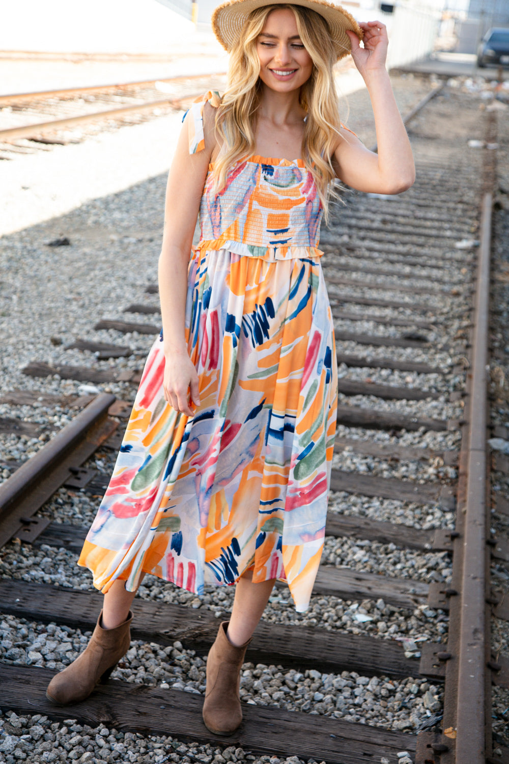 Multicolor Shoulder Tie Smocked Ruffle Lined Maxi Dress