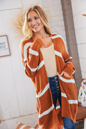 Rust Wide Stripe Long Sleeve Open Sweater Cardigan