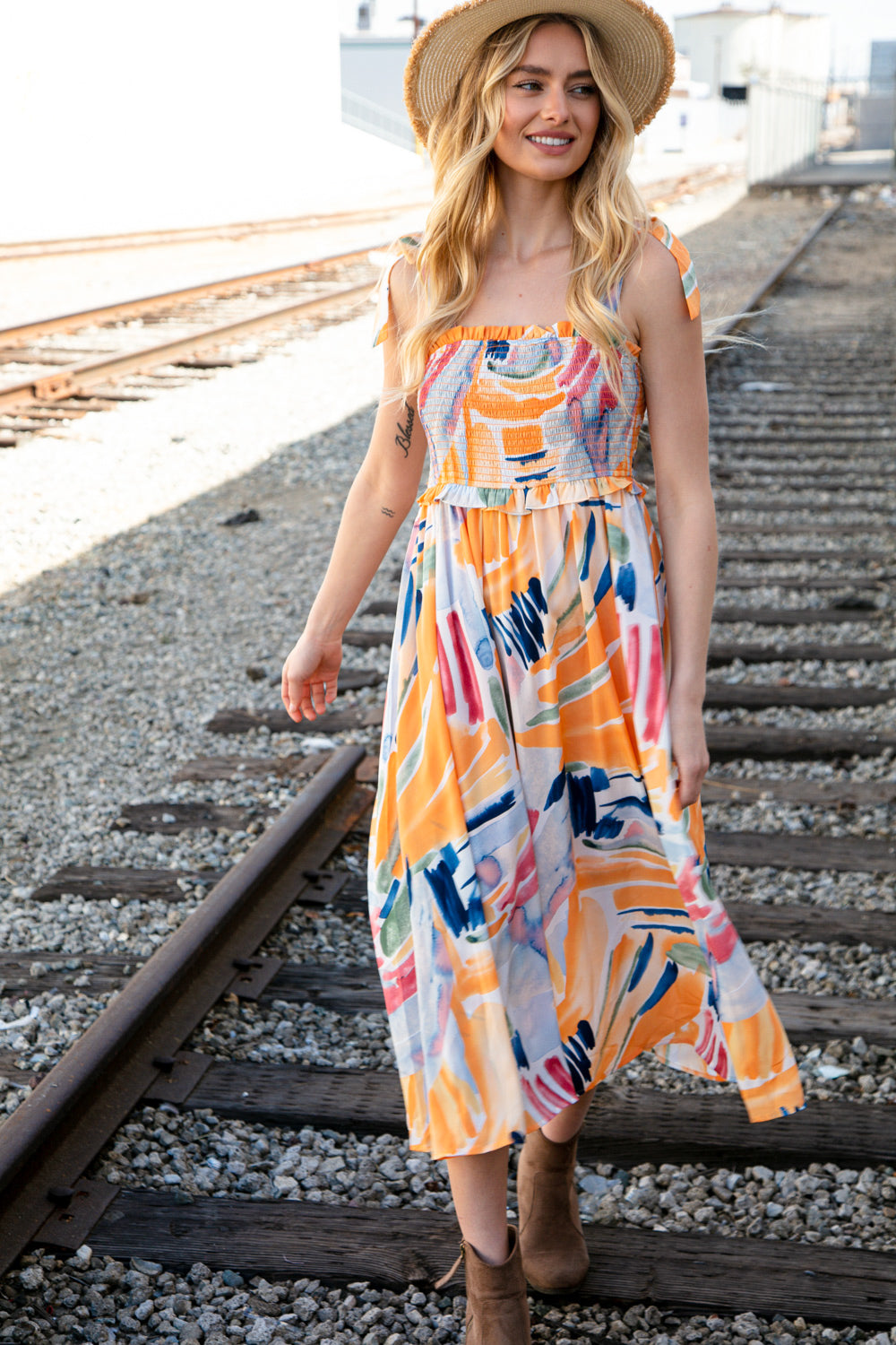 Multicolor Shoulder Tie Smocked Ruffle Lined Maxi Dress