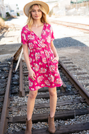 Fuchsia Floral Surplice Elastic Waist Pocketed Dress