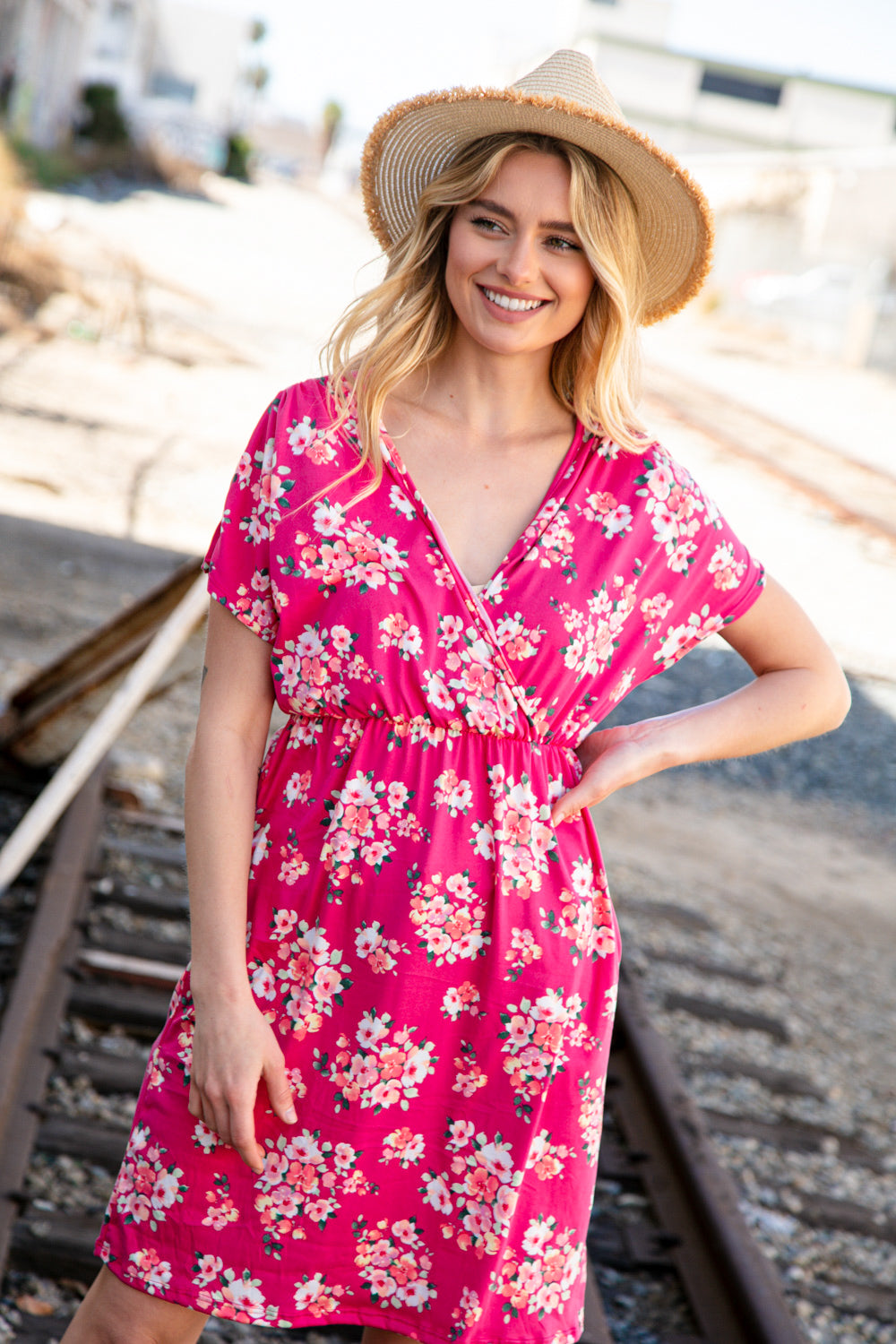 Fuchsia Floral Surplice Elastic Waist Pocketed Dress