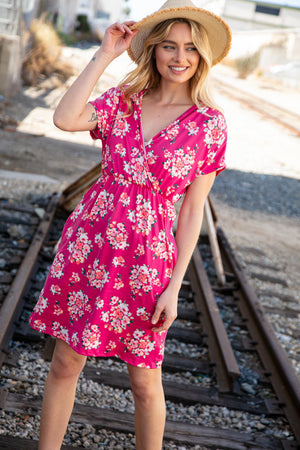 Fuchsia Floral Surplice Elastic Waist Pocketed Dress