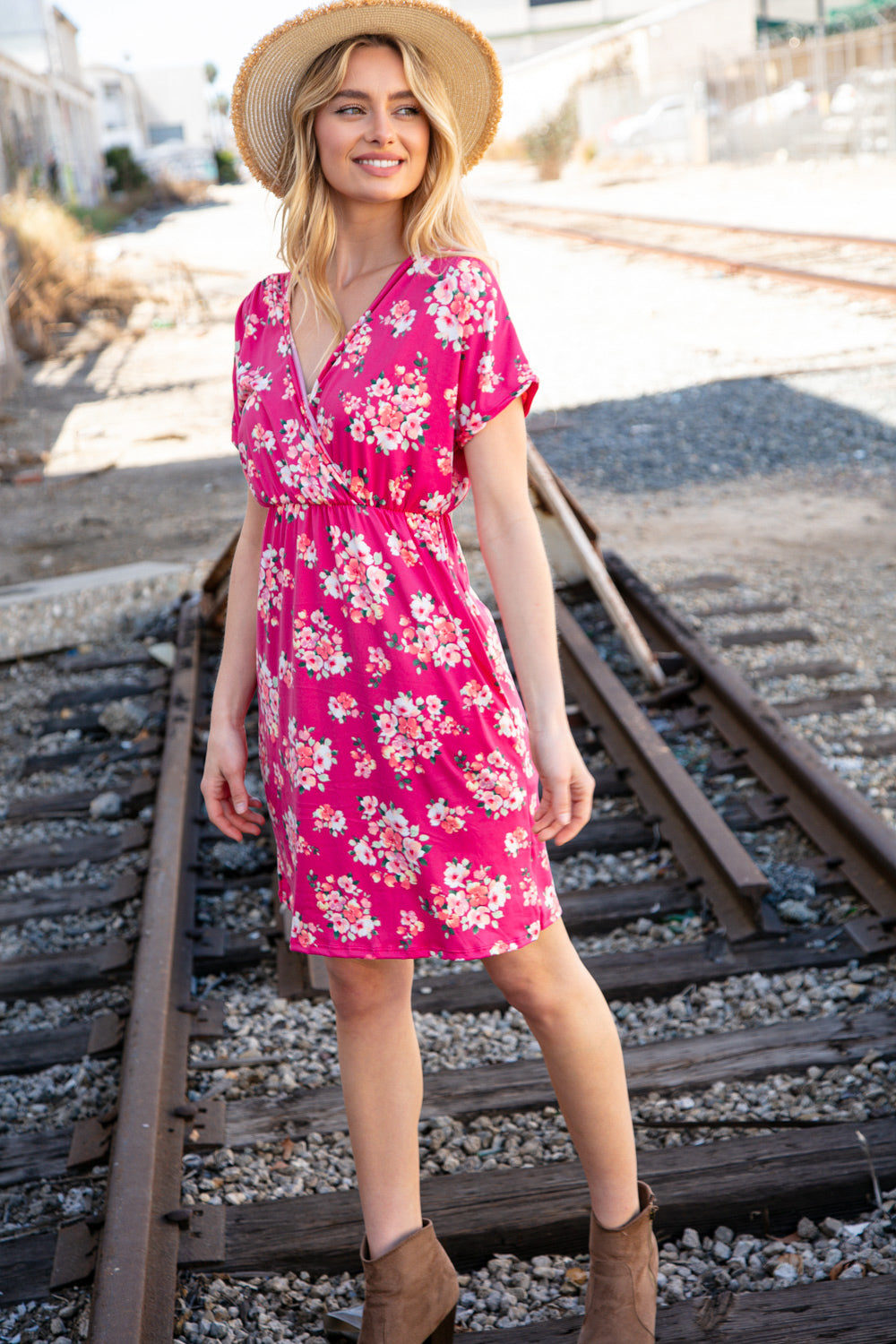 Fuchsia Floral Surplice Elastic Waist Pocketed Dress