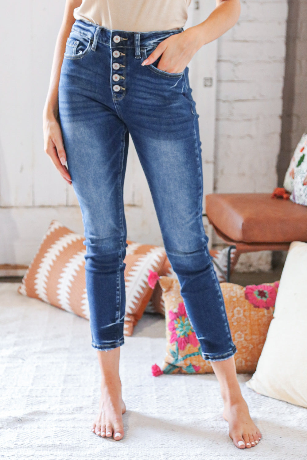 Blue Denim High Rise Button Fly Ankle Jeans