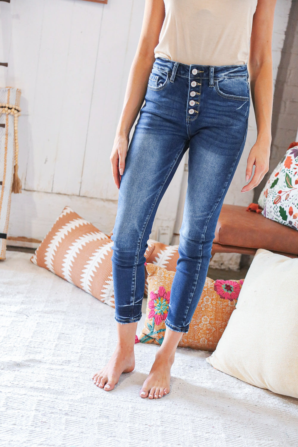 Blue Denim High Rise Button Fly Ankle Jeans