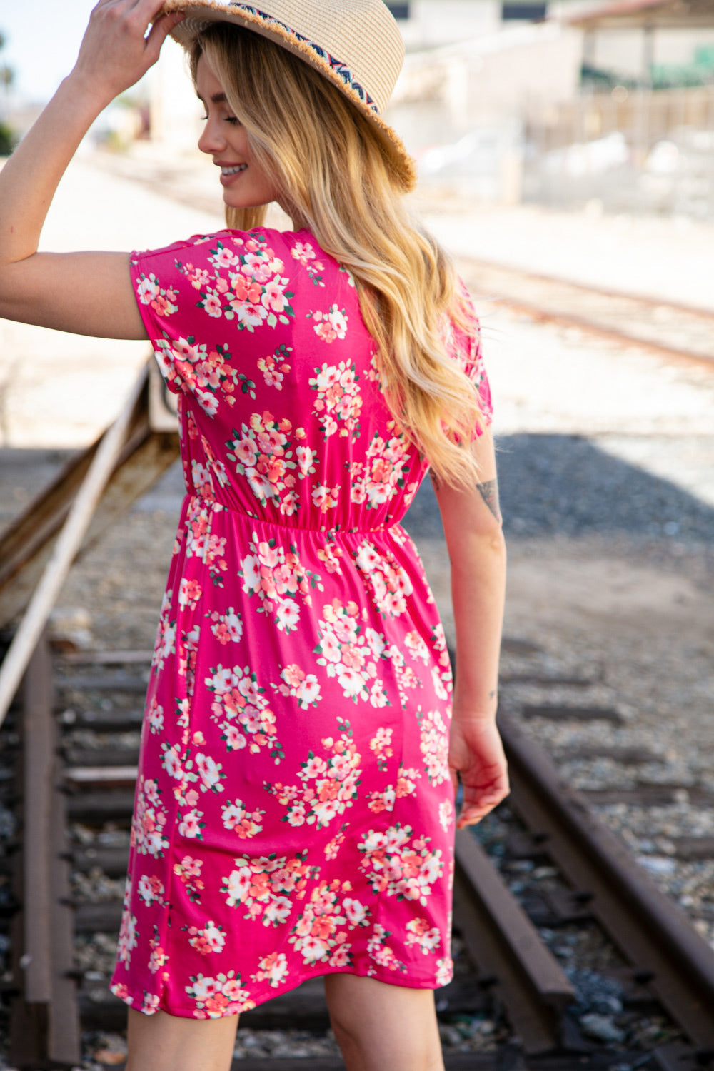 Fuchsia Floral Surplice Elastic Waist Pocketed Dress