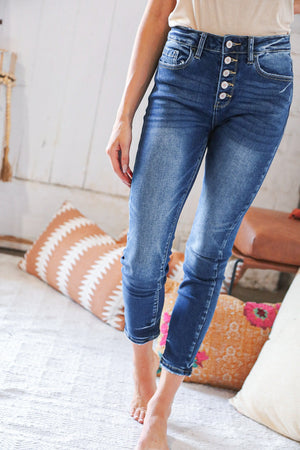 Blue Denim High Rise Button Fly Ankle Jeans