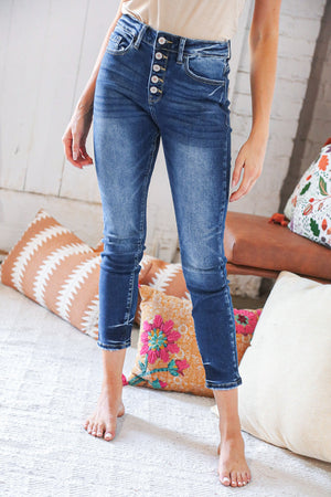 Blue Denim High Rise Button Fly Ankle Jeans