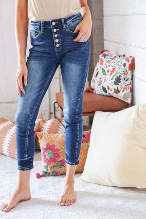 Blue Denim High Rise Button Fly Ankle Jeans