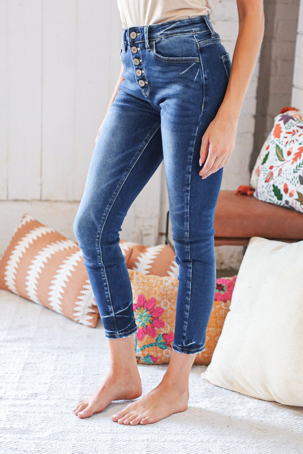 Blue Denim High Rise Button Fly Ankle Jeans