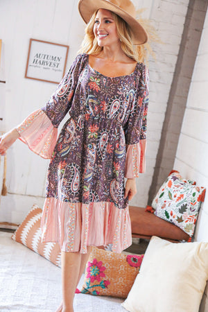 Berry Ethnic Paisley Sweet Heart Neck Bell Sleeve Dress