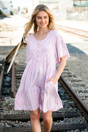 Blush Floral Stripe Yoke Woven Dress with Pockets