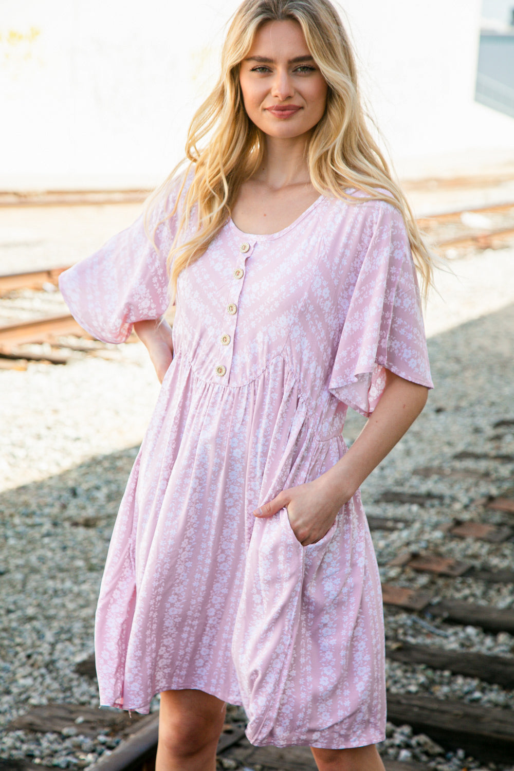 Blush Floral Stripe Yoke Woven Dress with Pockets