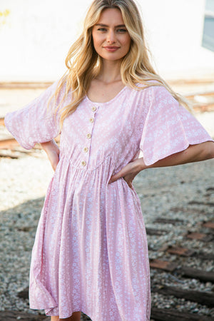 Blush Floral Stripe Yoke Woven Dress with Pockets