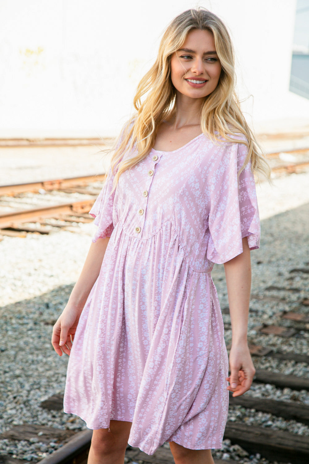 Blush Floral Stripe Yoke Woven Dress with Pockets