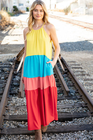 Rainbow Halter Neck Maxi Crepe Side Pocketed Maxi Dress