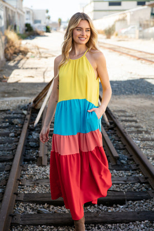 Rainbow Halter Neck Maxi Crepe Side Pocketed Maxi Dress