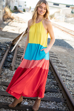 Rainbow Halter Neck Maxi Crepe Side Pocketed Maxi Dress