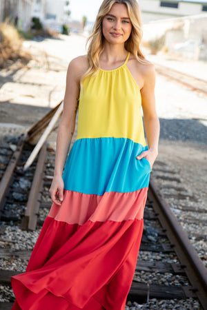 Rainbow Halter Neck Maxi Crepe Side Pocketed Maxi Dress