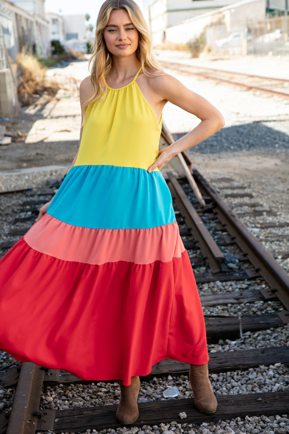 Rainbow Halter Neck Maxi Crepe Side Pocketed Maxi Dress