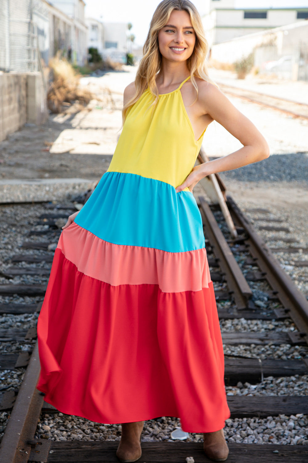 Rainbow Halter Neck Maxi Crepe Side Pocketed Maxi Dress