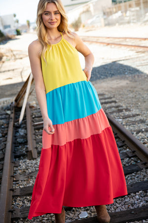 Rainbow Halter Neck Maxi Crepe Side Pocketed Maxi Dress