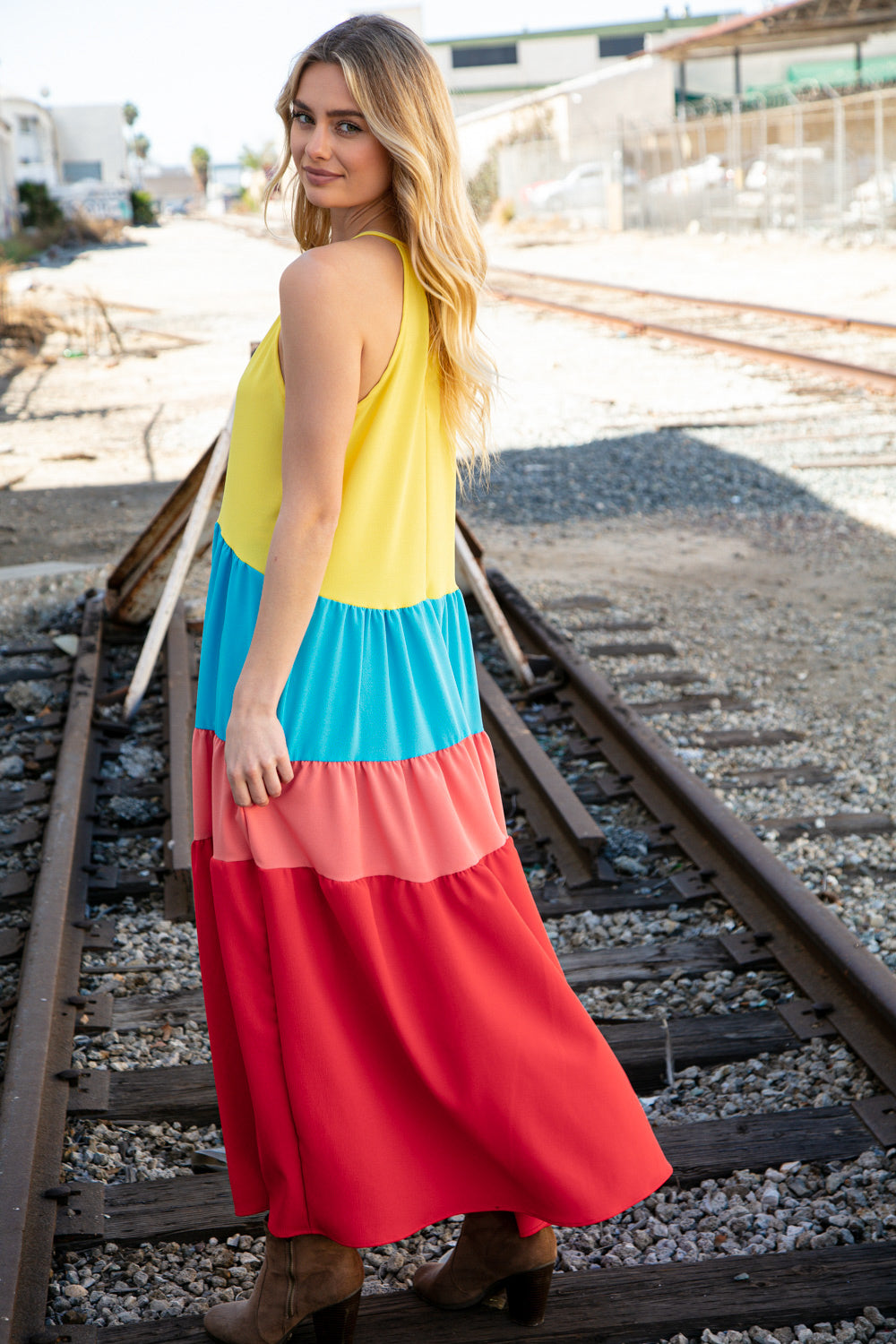 Rainbow Halter Neck Maxi Crepe Side Pocketed Maxi Dress