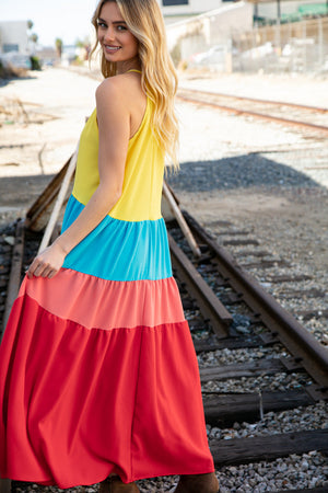 Rainbow Halter Neck Maxi Crepe Side Pocketed Maxi Dress