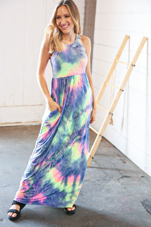 Lime Cobalt Tie Dye Sleeveless Pocketed Maxi Dress