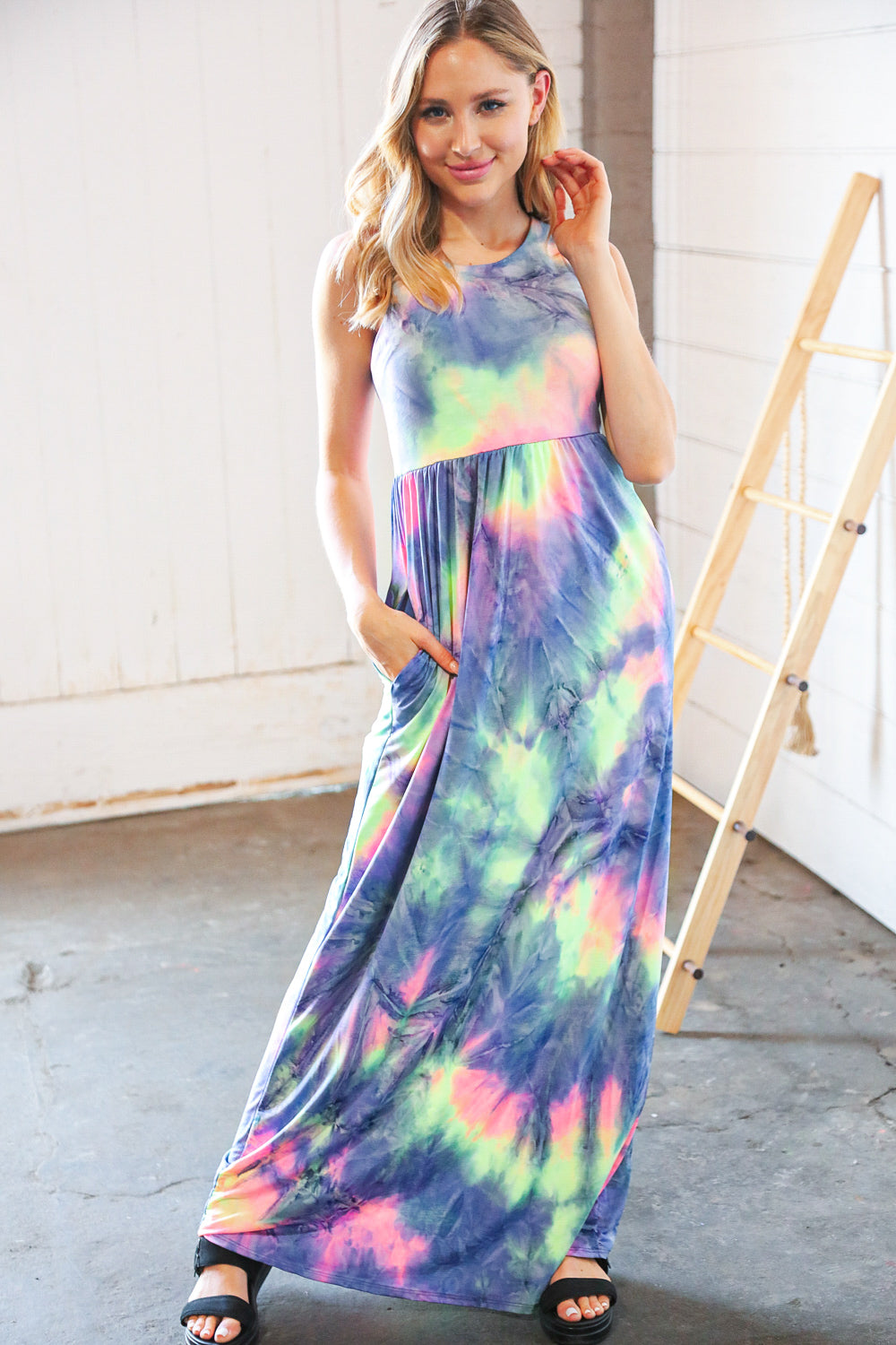 Lime Cobalt Tie Dye Sleeveless Pocketed Maxi Dress