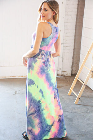 Lime Cobalt Tie Dye Sleeveless Pocketed Maxi Dress