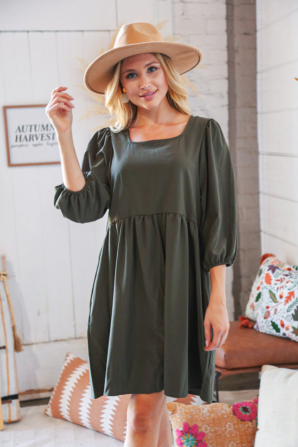 Moss Square Neck Three-Quarter Sleeve Woven Dress